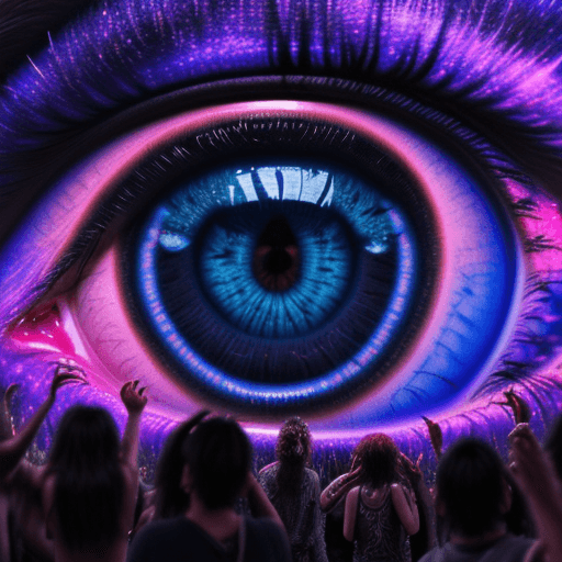 AI generated: Hyper realistic eye level exterior photo of a person dacing on a psytrance party, night, psychedlic,...