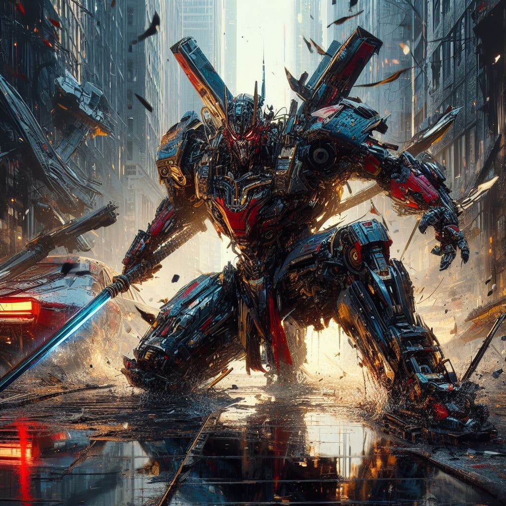 AI generated: painting style, urbanpunk, low angle shot, a cybernetic samurai Optimus Prime in a post-apocalyptic ...