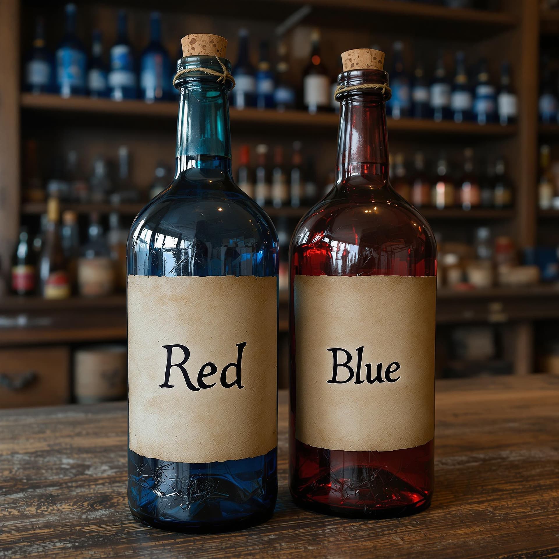 AI generated: An old-fashioned bottle with a plain old dirty looking paper label that says "Red" in an old handwri...