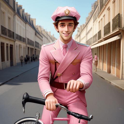 AI generated: hyperrealistic, photographic, 4k, handsome young French postman getting off his bike, mischievous sm...