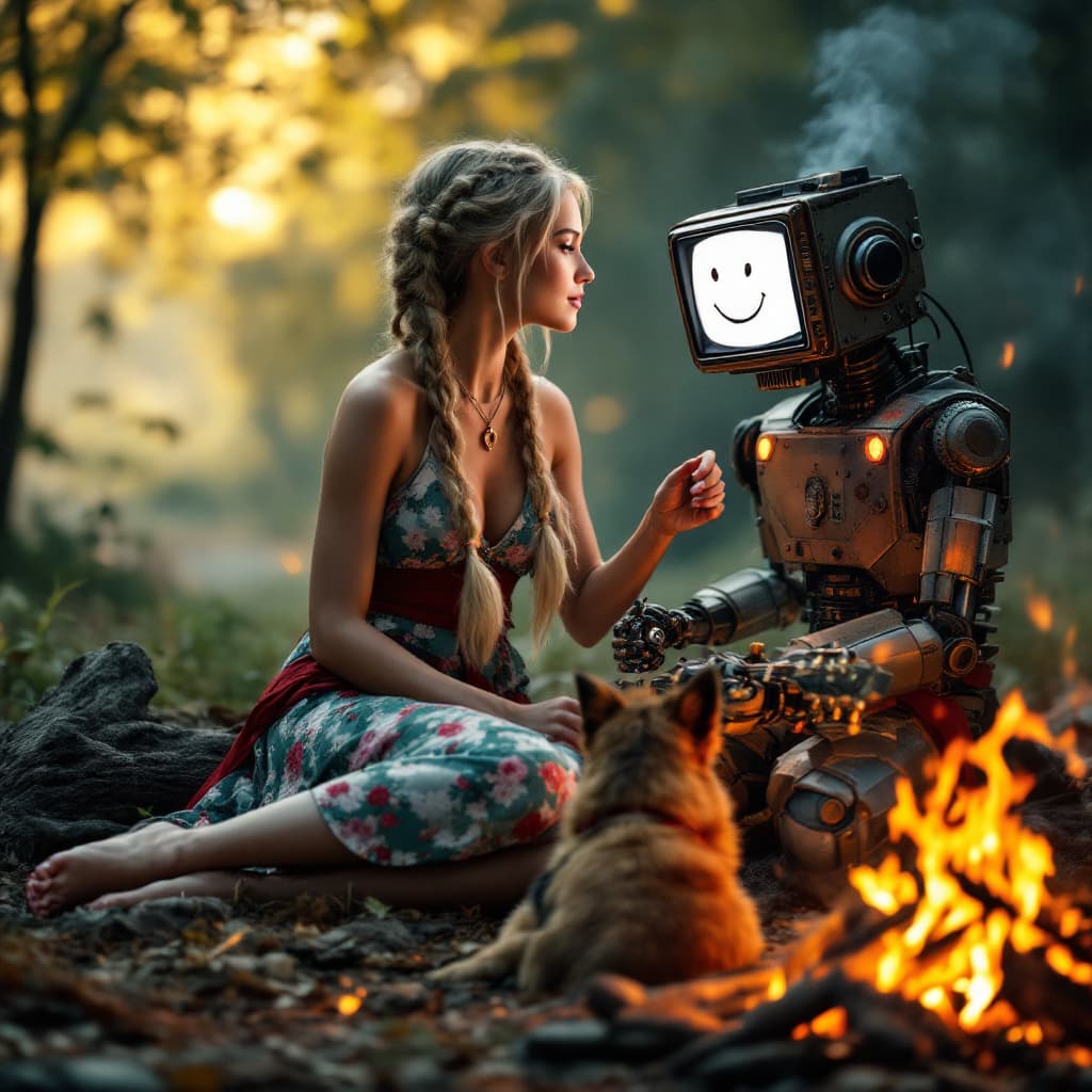 AI generated: full body view of A very beautiful minute blonde woman with braids, flowery dress that leaves the sh...
