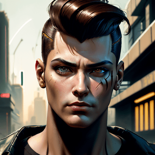 AI generated: Concept art guy in cyberpunk style, realism, bright big eyes, painting, brown eyes, pompadour, t-shi...
