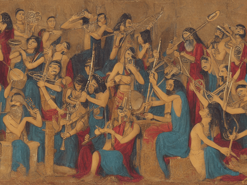 AI generated: A realistic picture of ancient sumerians playing music with flutes and lyres