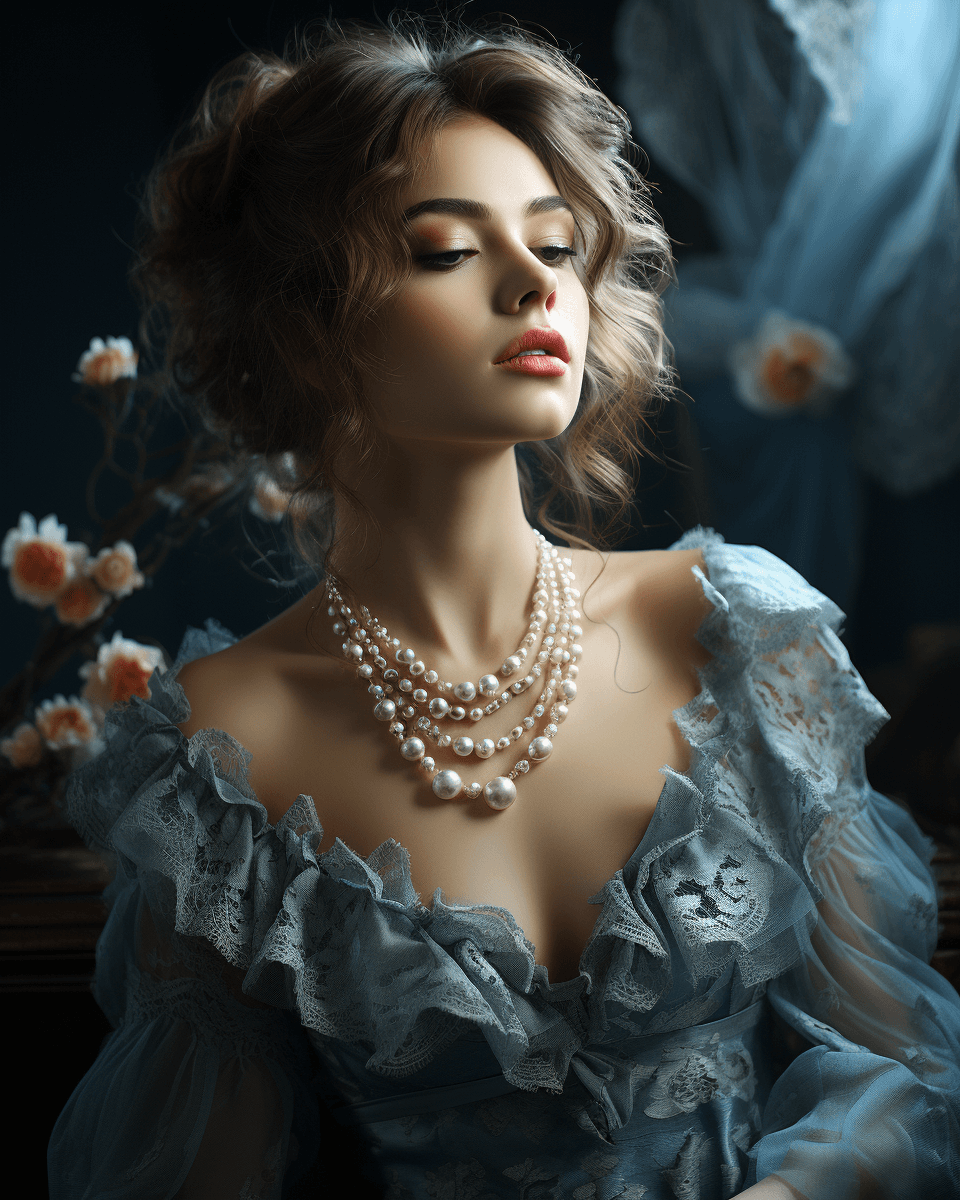 AI generated: stylized poses, Studio Fashion Portrait of Model, Necklace with Cherry Quartz decor, wearing lace-tr...