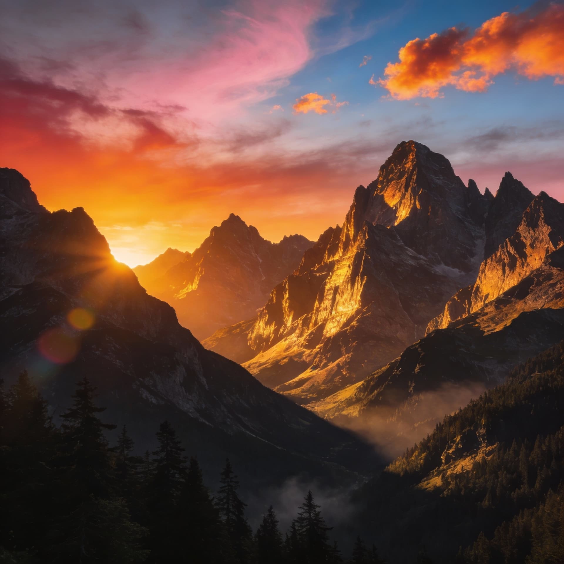 AI generated: Cinematic sunset over a dramatic mountain range on a warm summer evening, hyper-realistic, ultra-det...