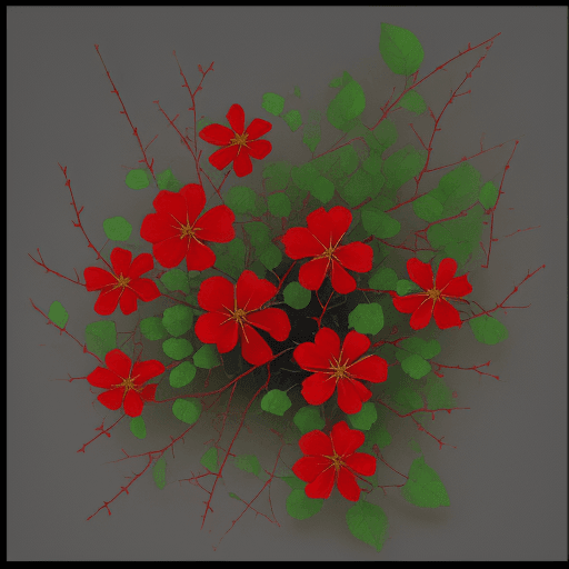 AI generated: Flower garden with red flowers, very thin green stem, with abundant branches of thorns