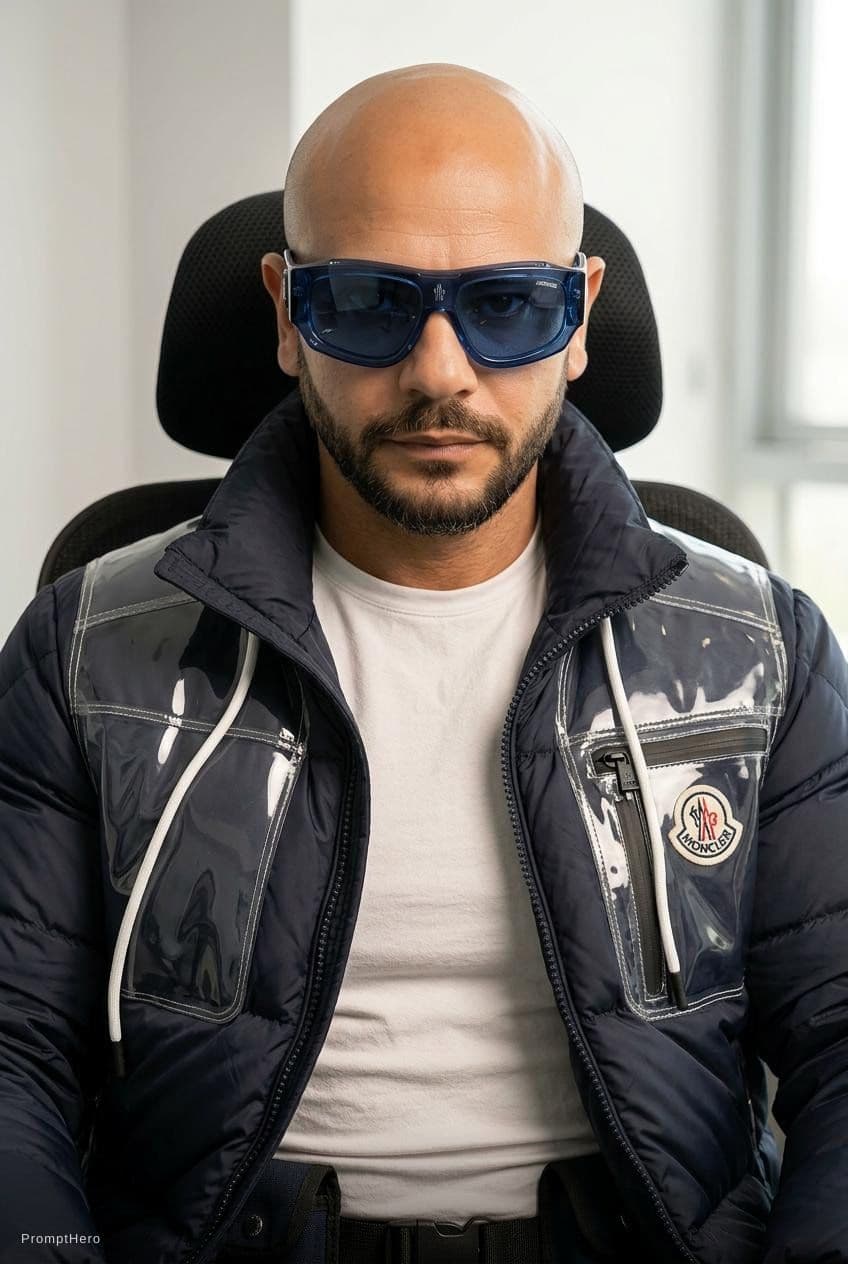 AI generated: Fashion shoot, Jacquemus and Moncler collaboration: dark blue translucent futuristic sunglasses, hyp...