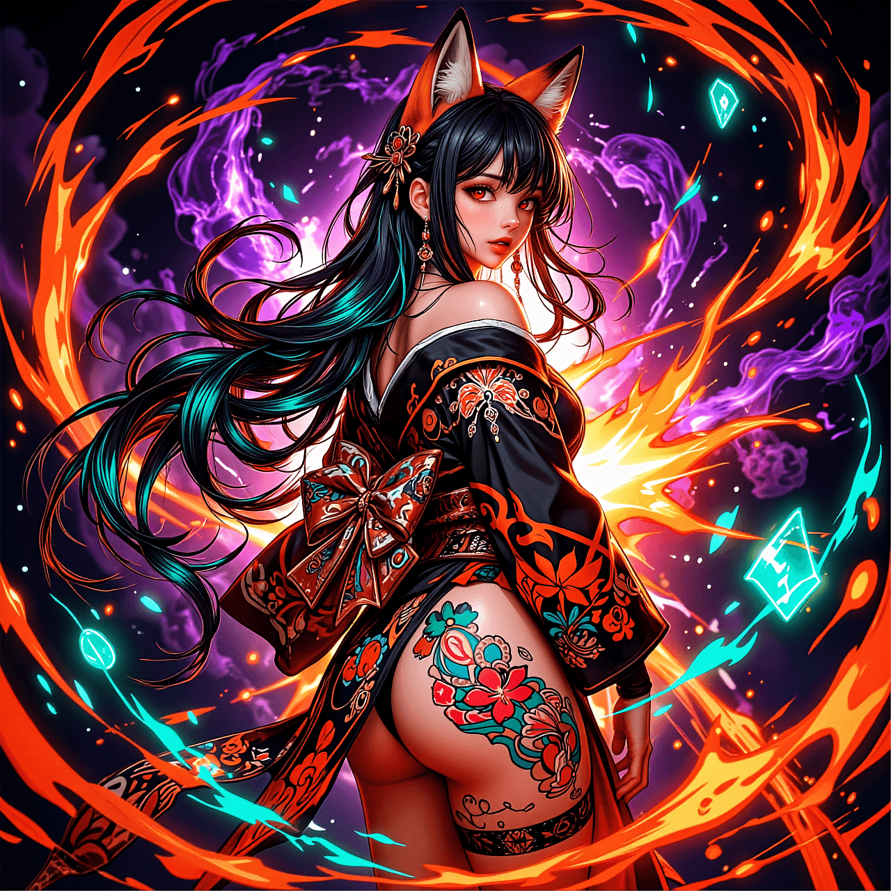 AI generated: An ultra-detailed, vibrant anime CG illustration of a beautiful kitsune girl with large fluffy fox e...