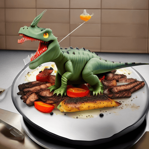 AI generated: dinosaur cooking on a rotating skewer