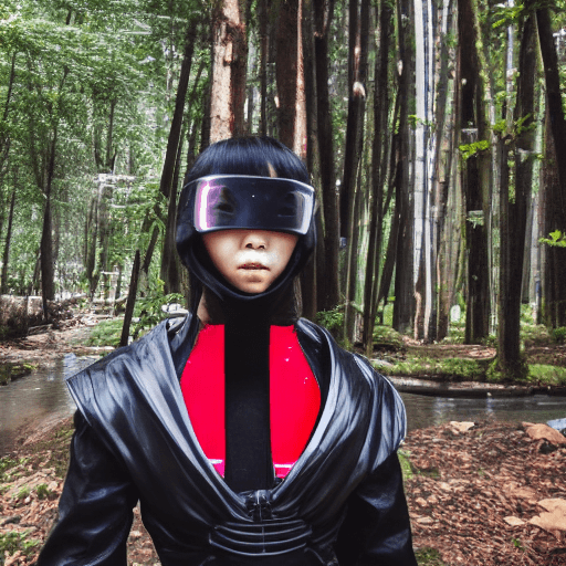 AI generated: Create an image, a young Japanese woman. In a black armored ninja suit, modern, like coming from the...