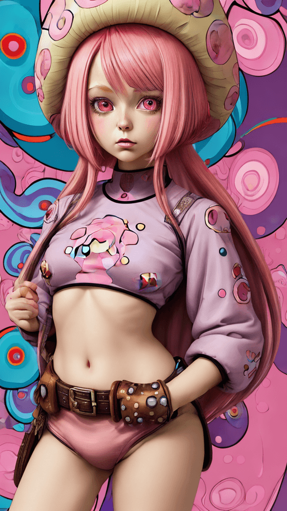 AI generated: in a funky background portrait of little mushroom woman, pink hair, Prominent eyes, funky background...