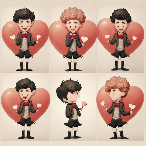 AI generated: a poster depicts a boy holding a heart shaped balloon, in the style of sketchfab, poodlepunk, warm t...