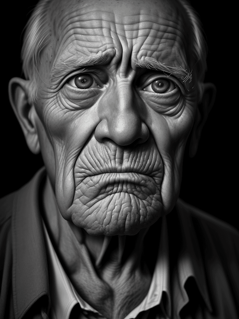 AI generated: old man with sad eyes, lots of wrinkles, portrait filmed with an Leica camera, black & white, cinema...