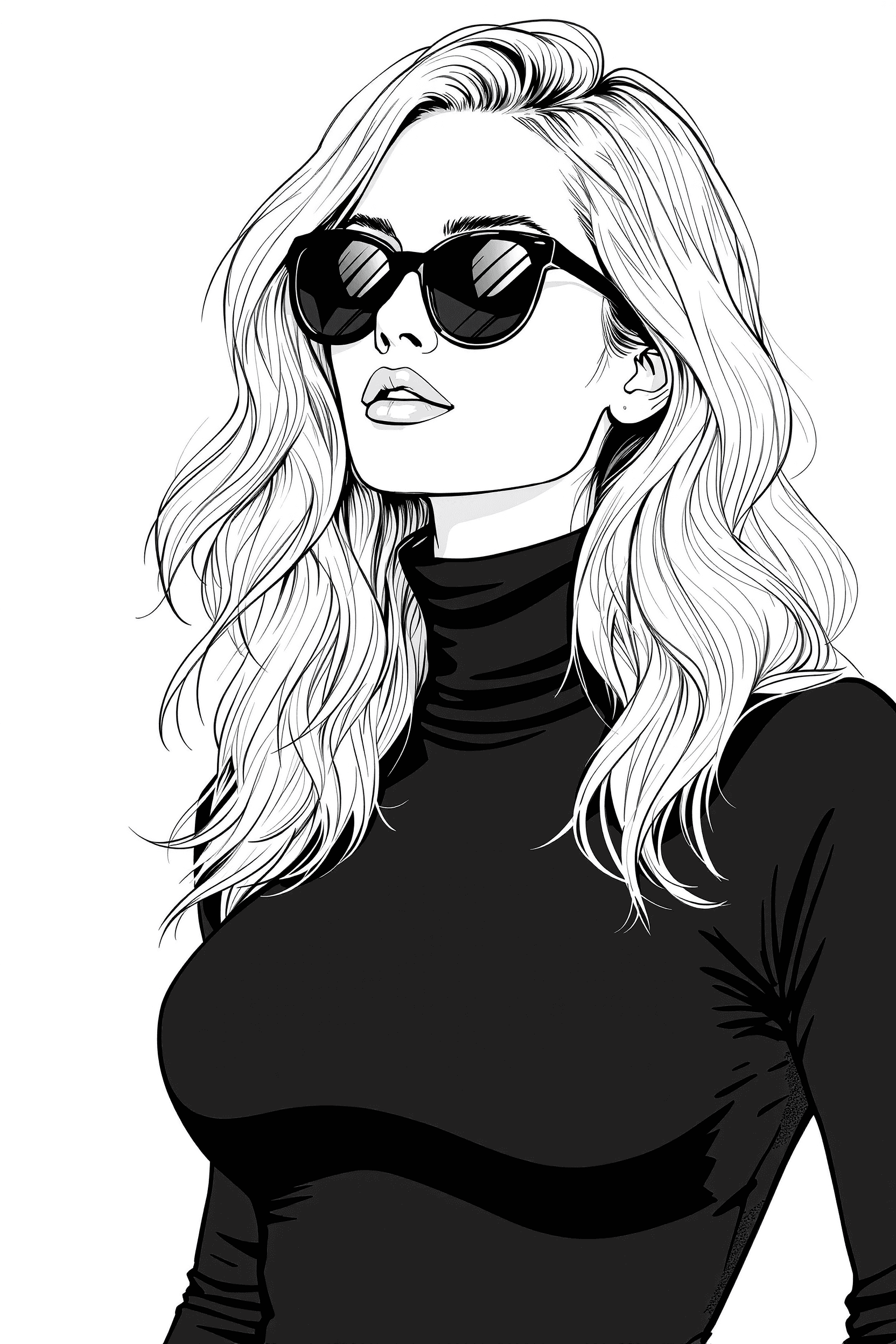 AI generated: Gorgeous blond woman with slightly wavy long hair, wearing fitted black turtleneck and black sunglas...