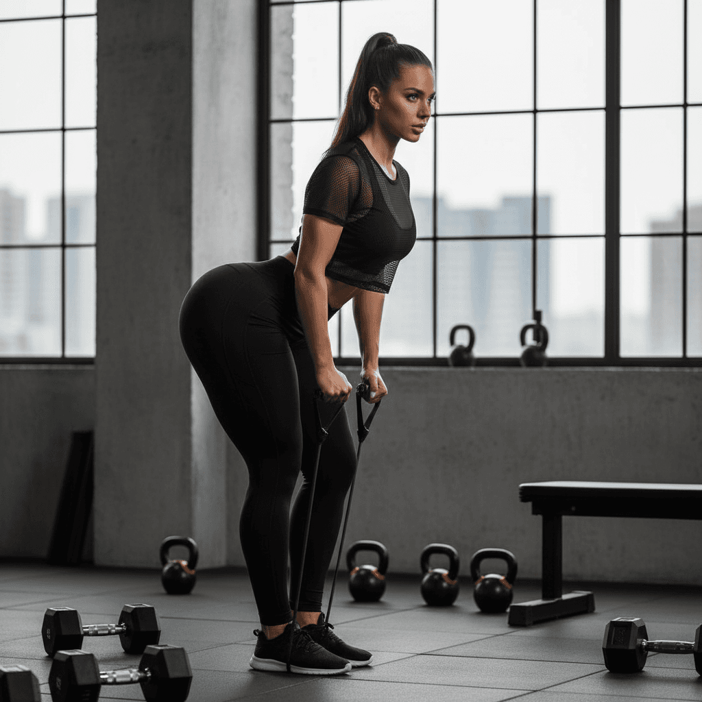AI generated: Fitness model  woman dressed in black with extremely large buttocks
