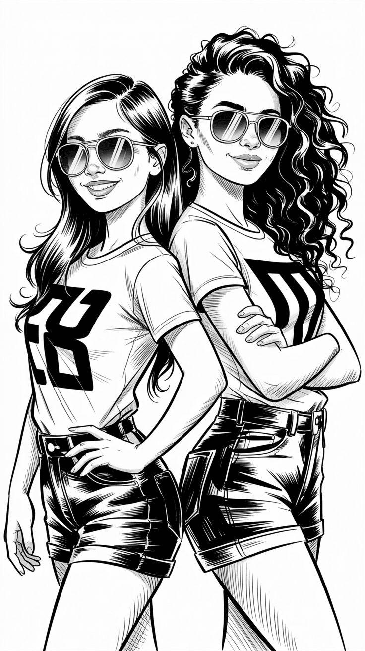 AI generated: Black and white ink sketch of two young women, one of East Asian descent and the other of African de...