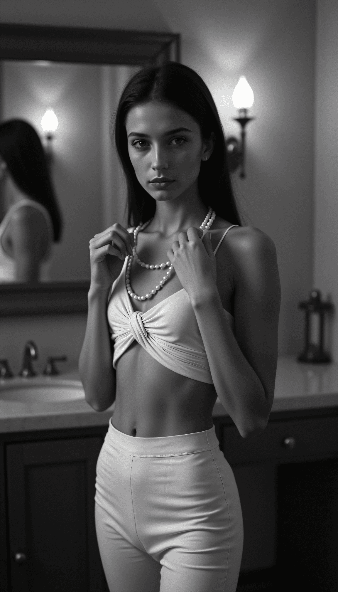 AI generated: dystopian style Black and white fashion photography of a young Cuban-Norwegian woman in her mid-twen...