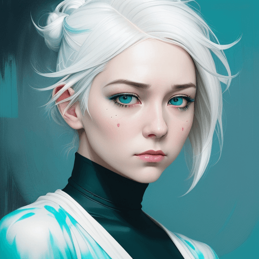 AI generated: an image of a girl with white hair, in the style of ross tran, light teal and dark orange, guido van...