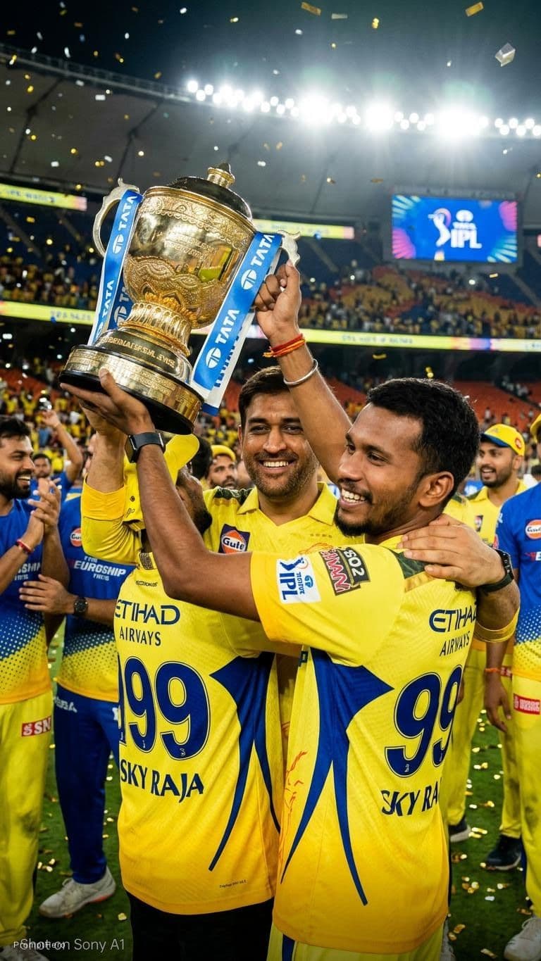 AI generated: Lifting trophy with msd csk seme outfit 
