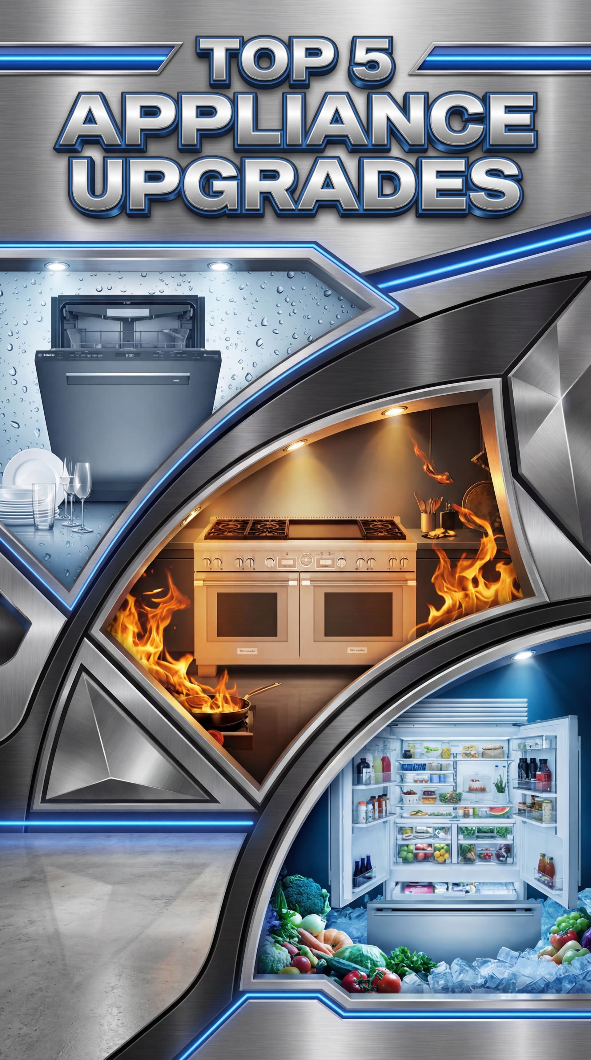 AI generated: Make a graphic layout. TOP 5 APPLIANCE  UPGRADES. Add these 3 appliances. Think of some epic cool  a...