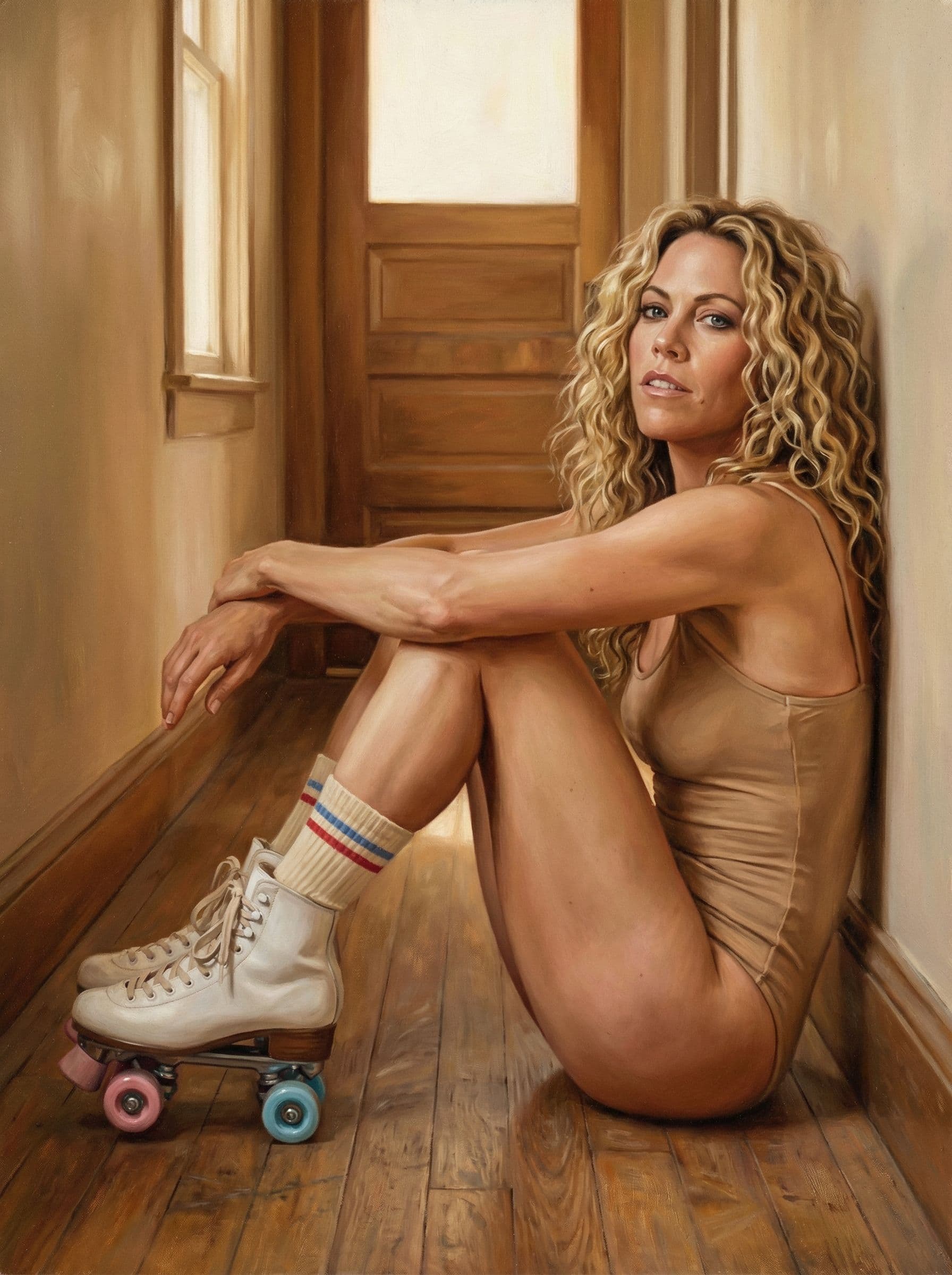 AI generated: Using the provided reference image, generate a oil painting of an adult woman seated on the floor in...