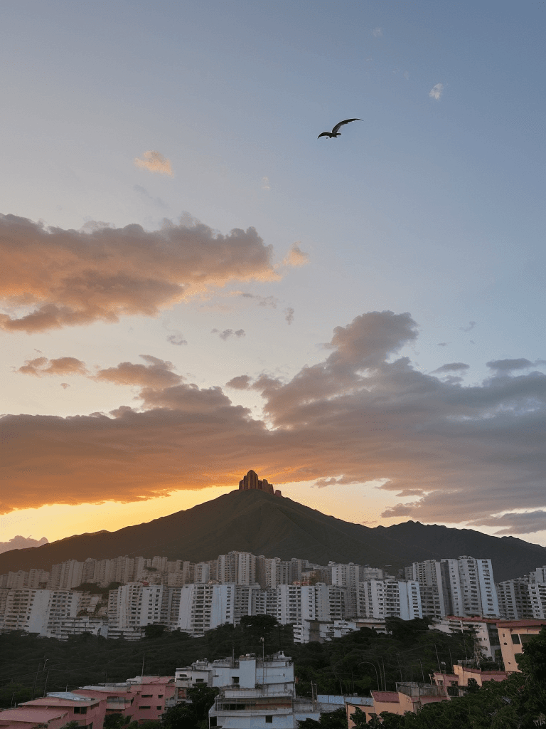 AI generated: edificio acristalado en CARACAS con vista al cerro avila, amanecer con guacamayas volando  #aitextpr...