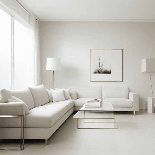 AI generated: Photograph, contemporary living room, soft light of morning, integration of beige flooring and matte...