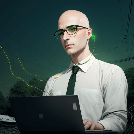 AI generated: poetic image of a man without hair, with vintage black glasses and green eyes, whose gaze is turned ...