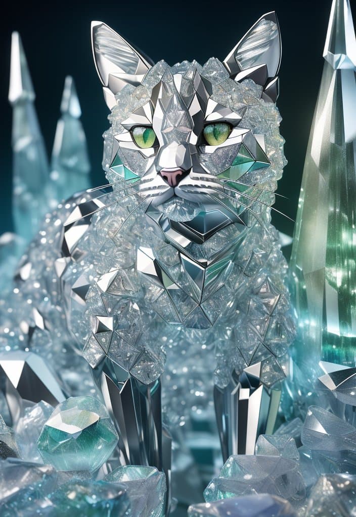 AI generated: a close up of a cat (made from a many cristal fragmrnts:1.2), (crystal cubism:1.2), with green eyes,...