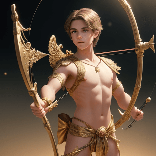 AI generated: Young attractive cupid, with brown hair and blonde highlights, standing, facing the camera, with his...