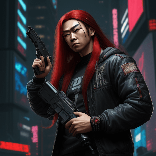 AI generated: Cyberpunk, red long hair asian-american male holding a heavy Pistol