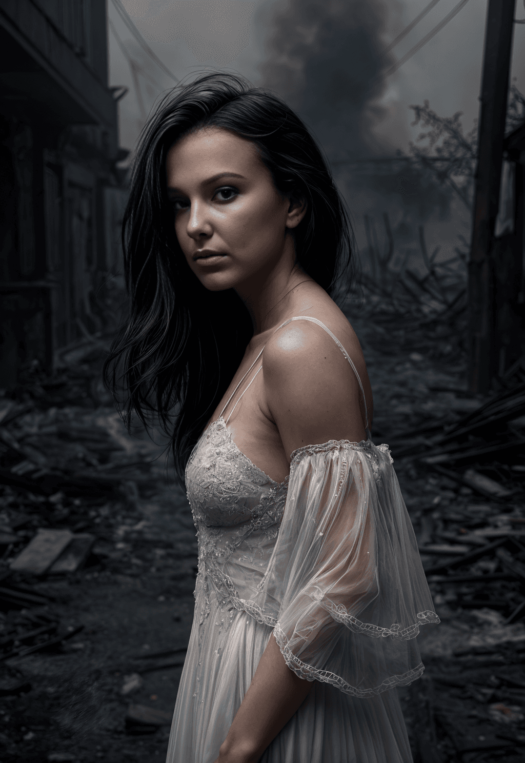 AI generated: close up, (front view:1.2) of a graceful female, centered in frame, (sad:1.3), intricate white dress...