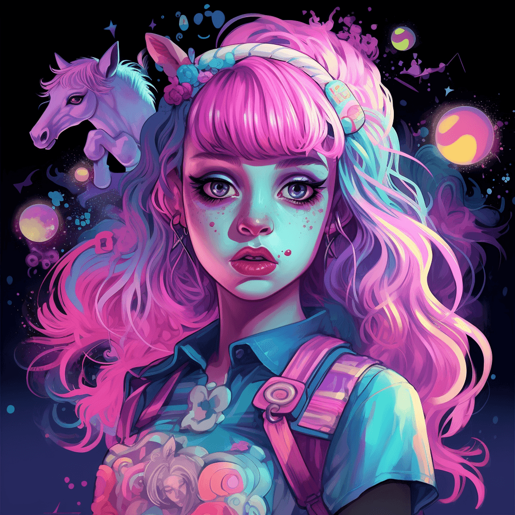 AI generated: Pastel goth, Bubble gum princess, Unicorns psychedelic GLow in the dark, In the style of , Heavy met...