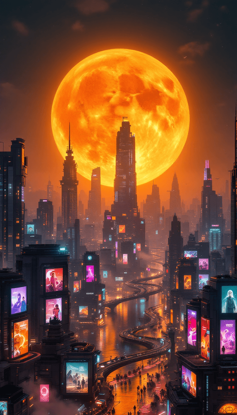 AI generated: A colossal, glowing orange full moon dominates the night sky over a sprawling futuristic metropolis,...