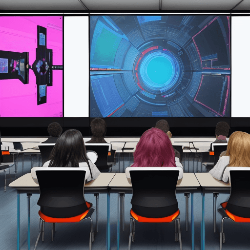 AI generated: Create Image: A group of diverse high school students use technology in a modern, futuristic classro...