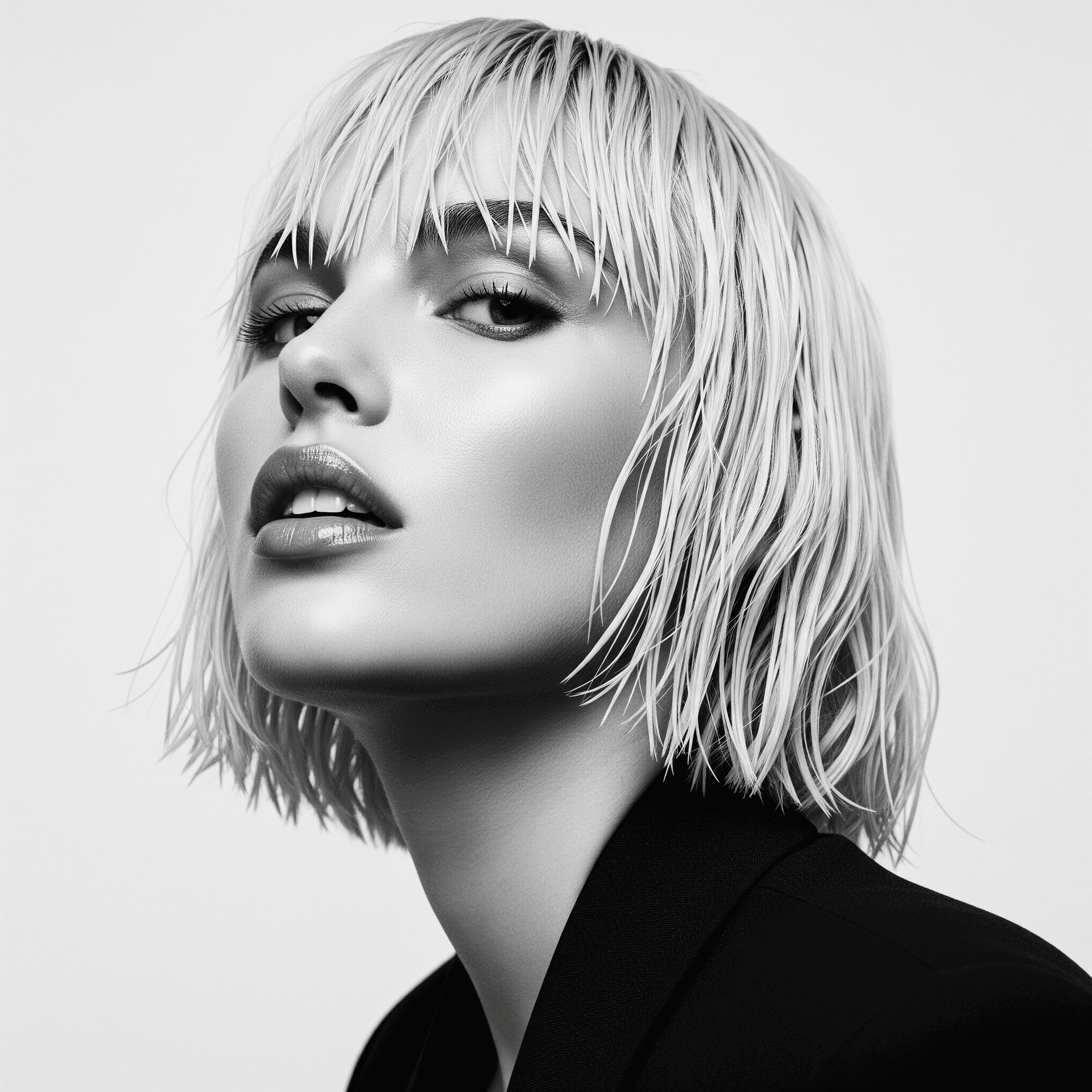 AI generated: A striking, cinematic black and white portrait of a female supermodel in the style of 1990s fashion ...