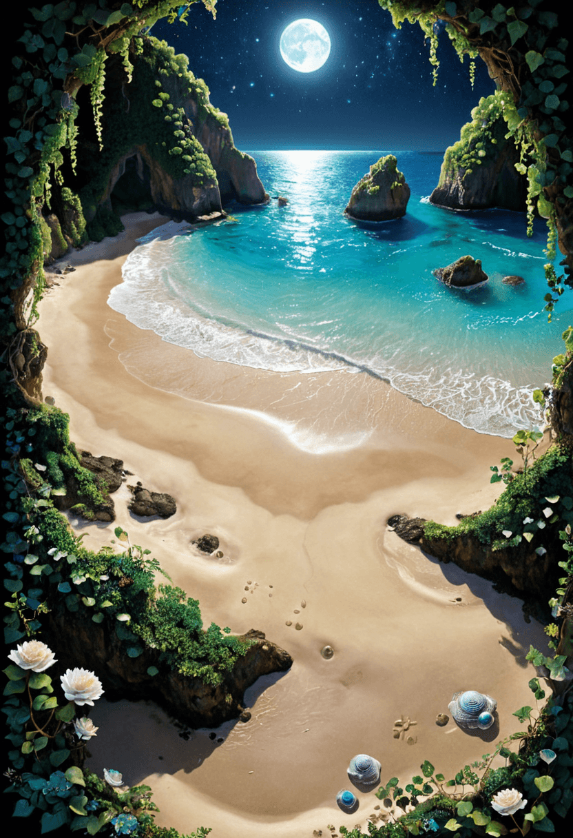 AI generated: Advertising poster style <lora:xl_more_art-full_v1:1>,<lora:DreamARTSDXL:1>,A moonlit beach where th...