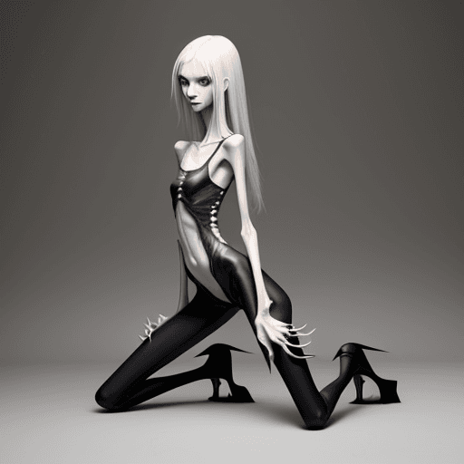 AI generated: extreme skinny slender girl, with long curved claws, skinny legs and long skinny calves in high heel...