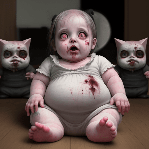 AI generated: Zombie baby girl playing a fat cat ,100 cat in background 