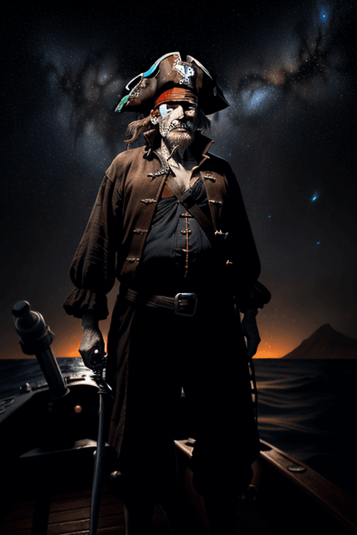 AI generated: full body 3/4 turn,head to toe image ,elderly 40 years old pirate staying on deck of submarine looki...