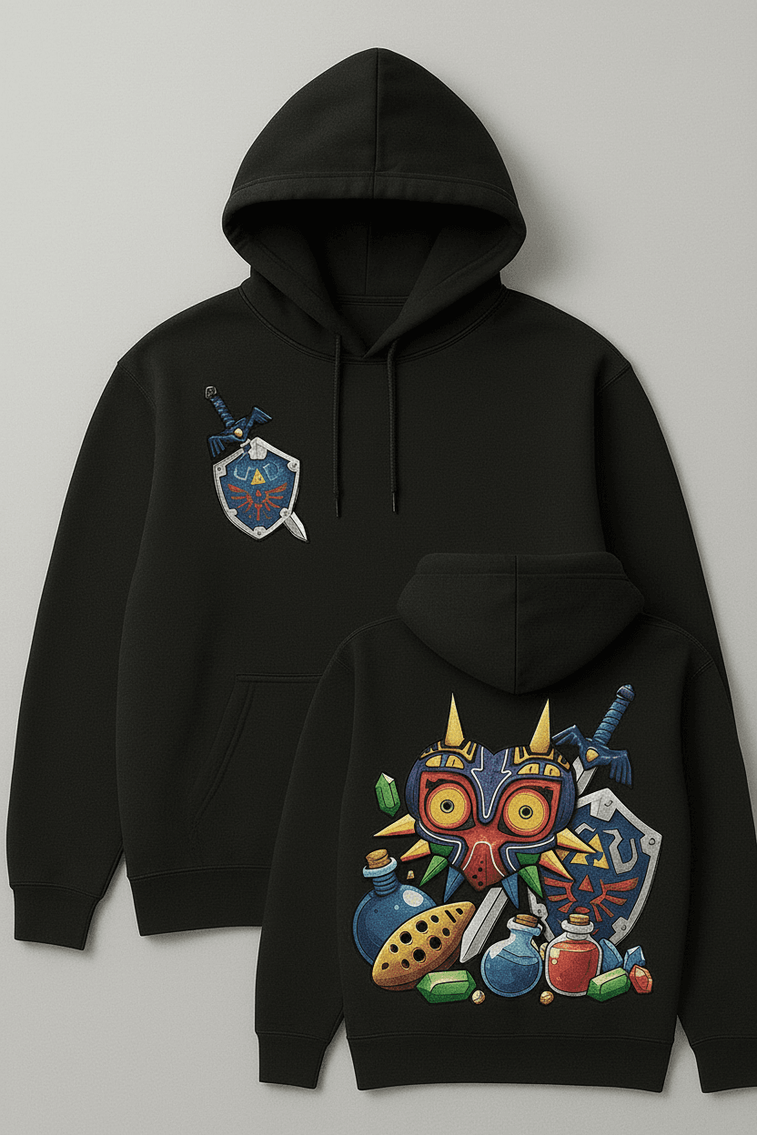 AI generated: Quero uma imagem de mockup frente e verso de um casaco com a estampa no tema "zelda" que irei descre...