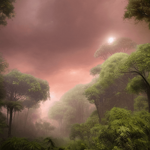 AI generated: the sky with a faint reddish hue, casting an eerie glow over the jungle
the trees and plants, covere...