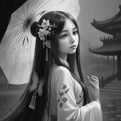 AI generated: dramatic angle,(fluttered detailed ink splashs), (illustration),(((1 girl))),(long hair),(rain:0.6），...