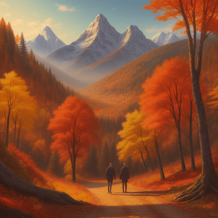 AI generated: a spectacular digital (oil painting:1.44) of autumn forest landscape, fall coloring, mountains in th...