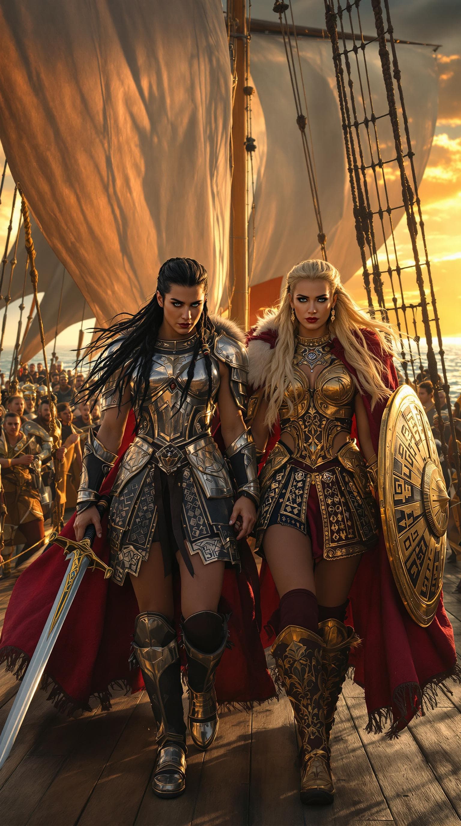 AI generated: A hyper-realistic image of **two powerful Viking warrior queens walking side by side on a grand wood...