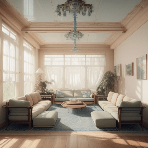AI generated: High resolution photography interior design, dreamy sunken living room conversation pit, wooden floo...