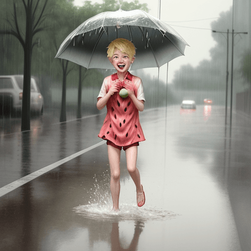 AI generated: a young blonde boy and his favorite fruit watermelon,splashing in puddles in the rain laughing, --ni...