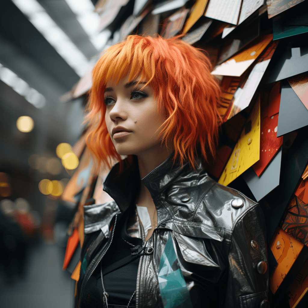 AI generated: photo of on a rainy day, the brightly colored outfit has a colorful hairstyle, in the style of sculp...