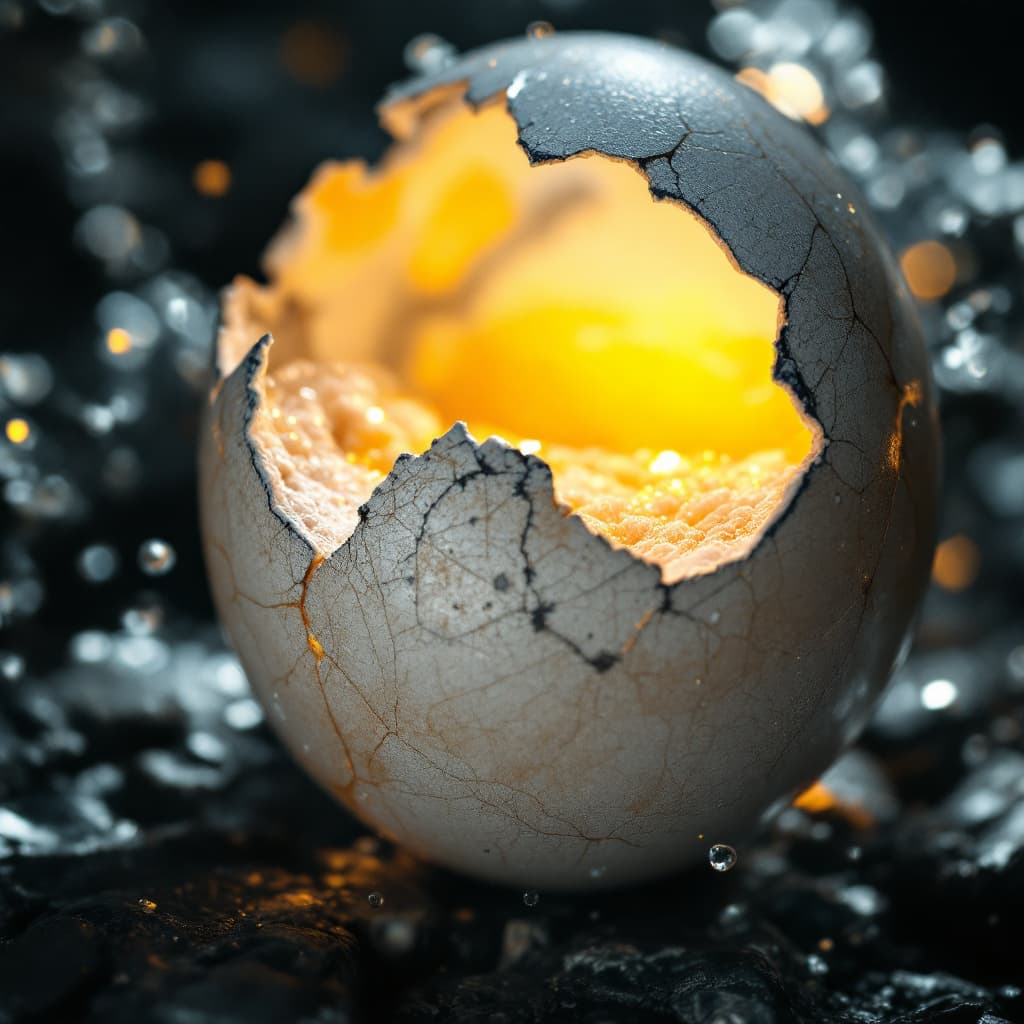 AI generated: close-up of a cracked eggshell with light shining through, metaphorical detail --v 7 --style dramati...
