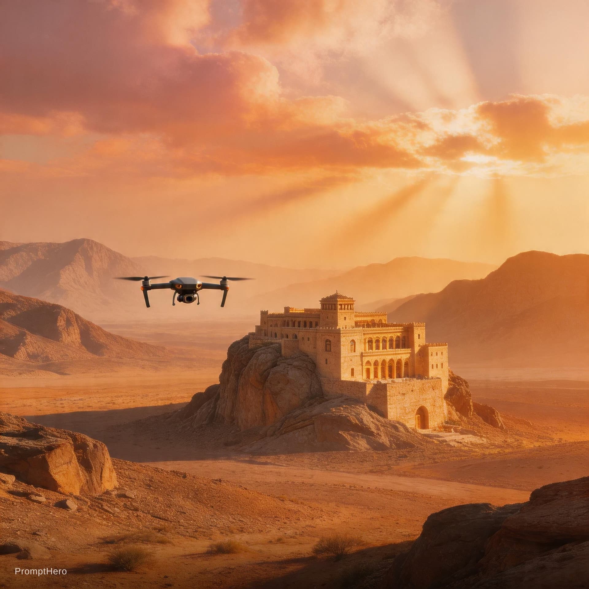 AI generated: Drone flying forward toward Dar Al Hajar palace, slowly transitioning into a dolly in, epic wide sho...